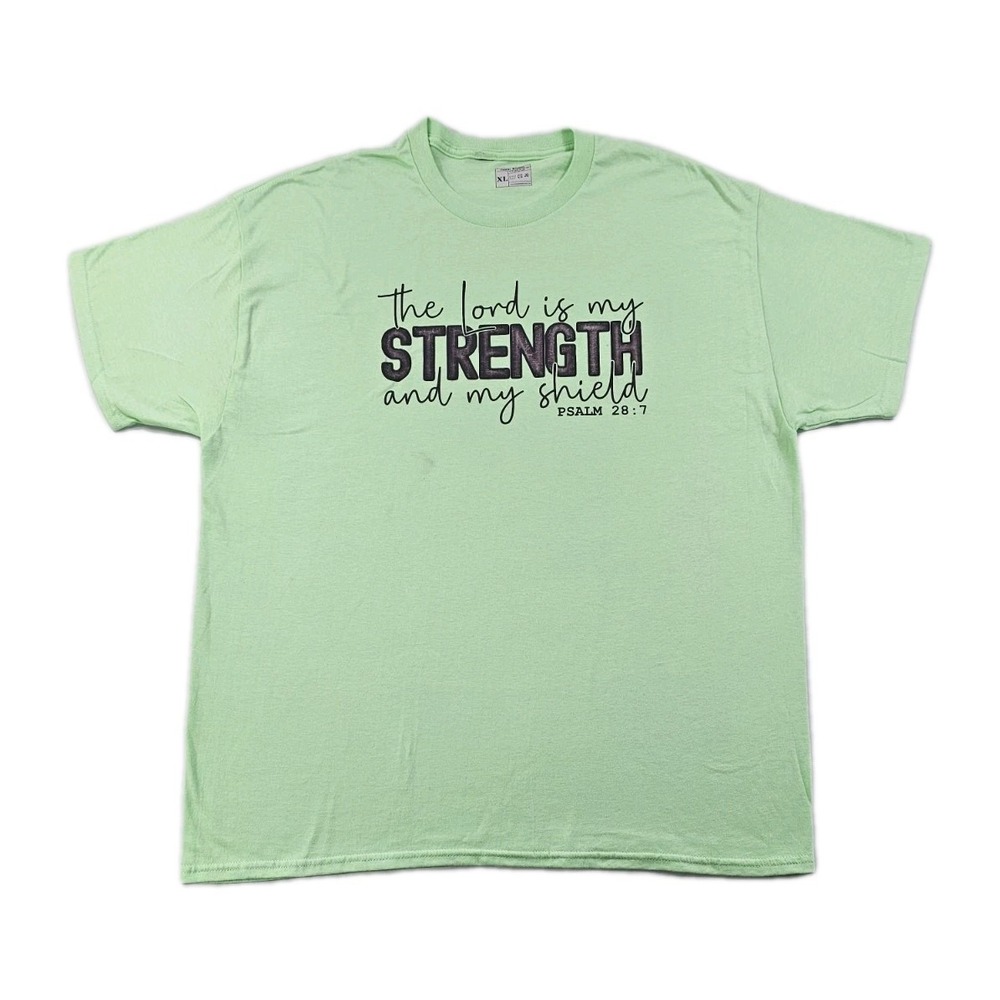 The Lord Is My Strength Shield Psalms 28:7 XLarge Green Spell Out Print T Shirt